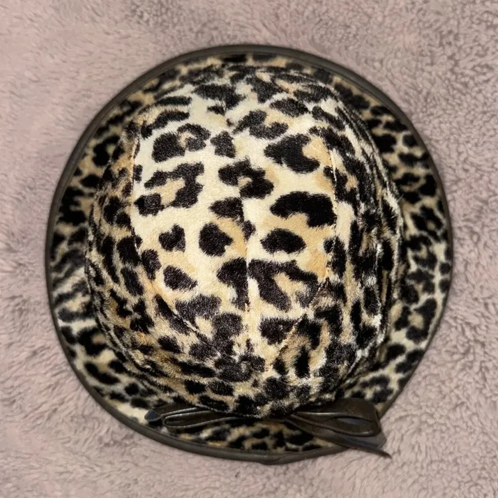 Faux Fur Leopard Print Bucket Hat with Brown Leather